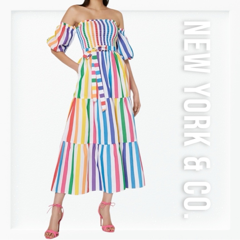 NWT NY & Co. Multi Striped Off the Shoulder Midi Dress sz S